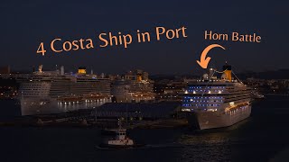 Four Costa Cruise ship in Port! Horn battle.