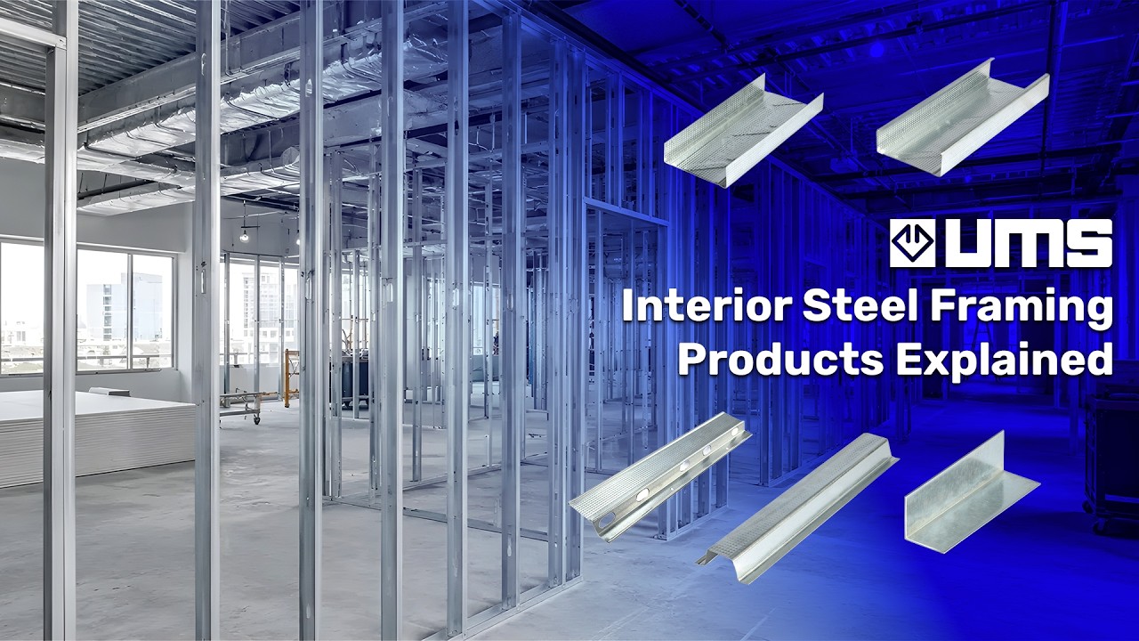 unfinished building interior with exposed steel framing studs with a blue gradient layer with metal framing components