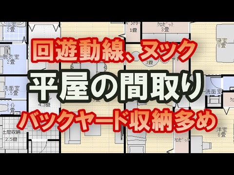 回遊動線平屋の間取り　ヌックのある家　バックヤード収納多め　36坪4LDK間取りシミュレーション