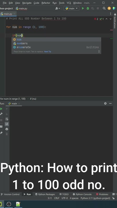 python program to print odd numbers from 1 to 100 using PyCharm | # ...