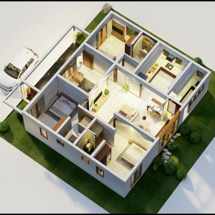 1000 square feet 3BHK 3d plan #3dfloorplan #3bhk #houseplan #3darchitect #keralahomedesign