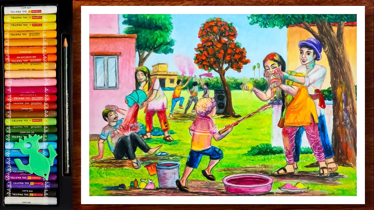 Holi Drawing | Holi Festival Drawing | Holi Scenery Drawing | Vasant Utsav Drawing | Oil Pastels