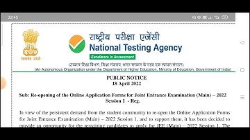 JEE Main Online Form re-open 2022 I jee main online Application form latest update 2022