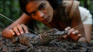 Indigenous Amazonian woman saves a TRAPPED BLACK CAIMAN  on the Amazon rainforest