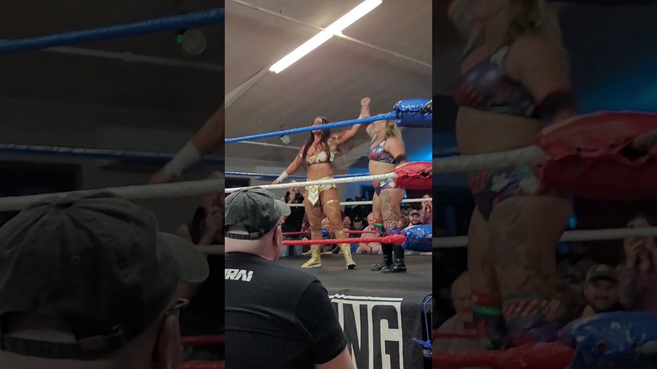 Megan Bayne and Your Homie, The Gnomie GABBY FORZA post match at Limitless Wrestling 4-13-24 Maine