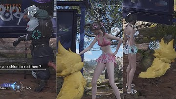 Tifa Aerith and RED XIII stroke the head of a chocobo chick and utilize rest points