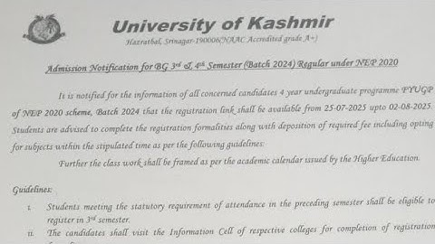 Kashmir University Admission Notification for Bg 3rd and 4rt Semester Batch 2024..