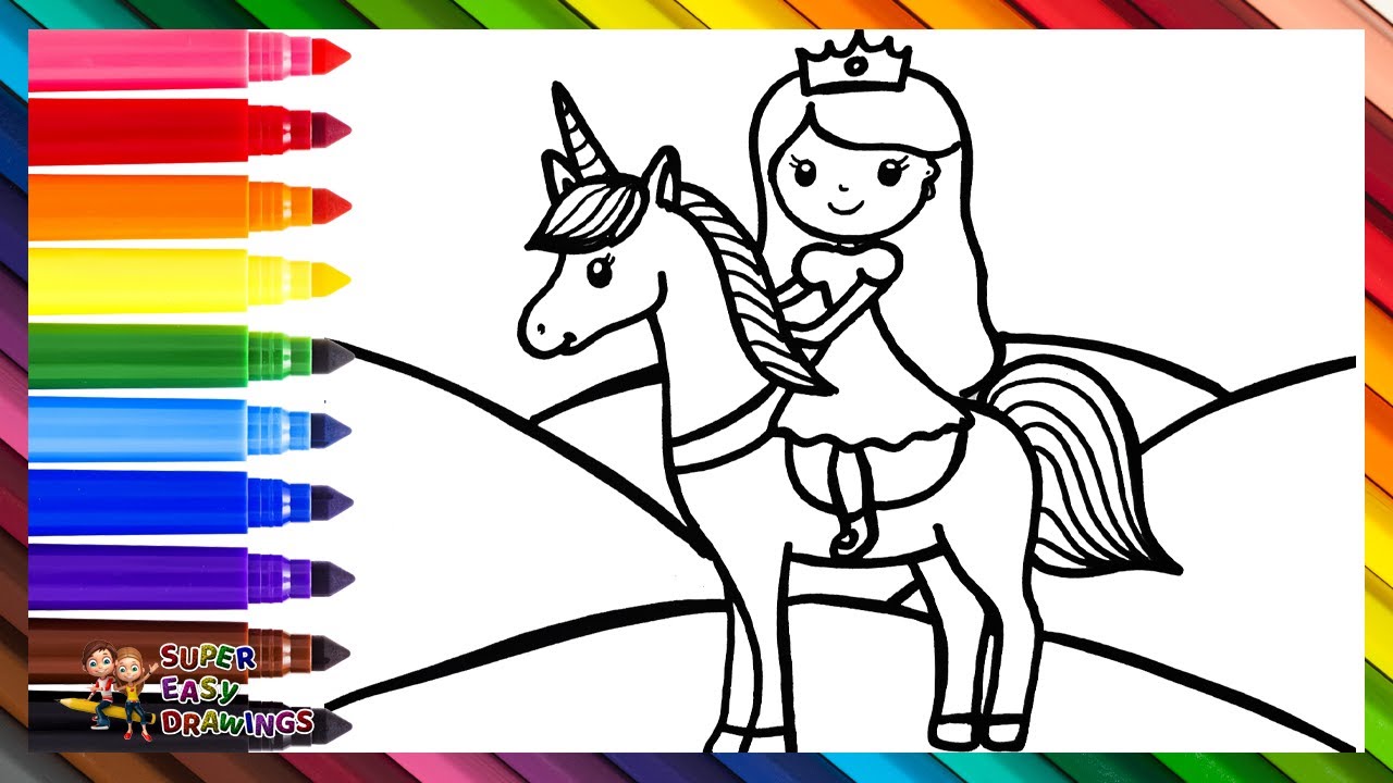 Draw and Color a Princess Riding a Unicorn 👸🦄❤️🧡💛💚💙💜🌈 Drawings for Kids