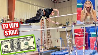 Male gymnast tries INSANE uneven bars ROUTINE to win $100!