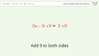 Solve -3(-2x+4)-(3x-3)=3: Linear Equation Video Solution | Tiger Algebra