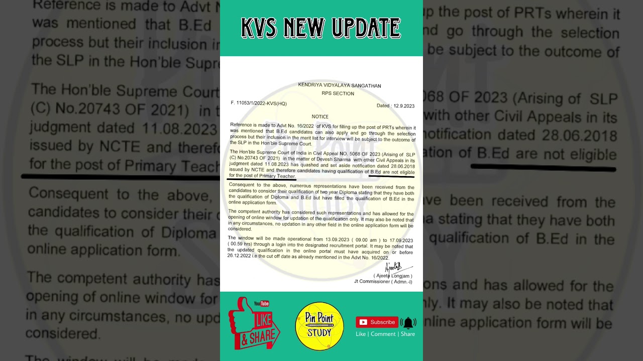 kvs new update. B.Ed candidate are not eligible for primary Teachers. 