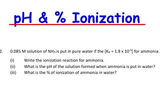 Find the pH of the solution formed when ammonia is put in water? find % of ionization of ammonia?