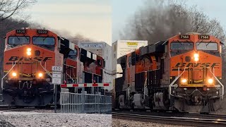 65-70 mph BNSF Intermodal Q train meets another 60 mph Intermodal Q train! 11/24/24