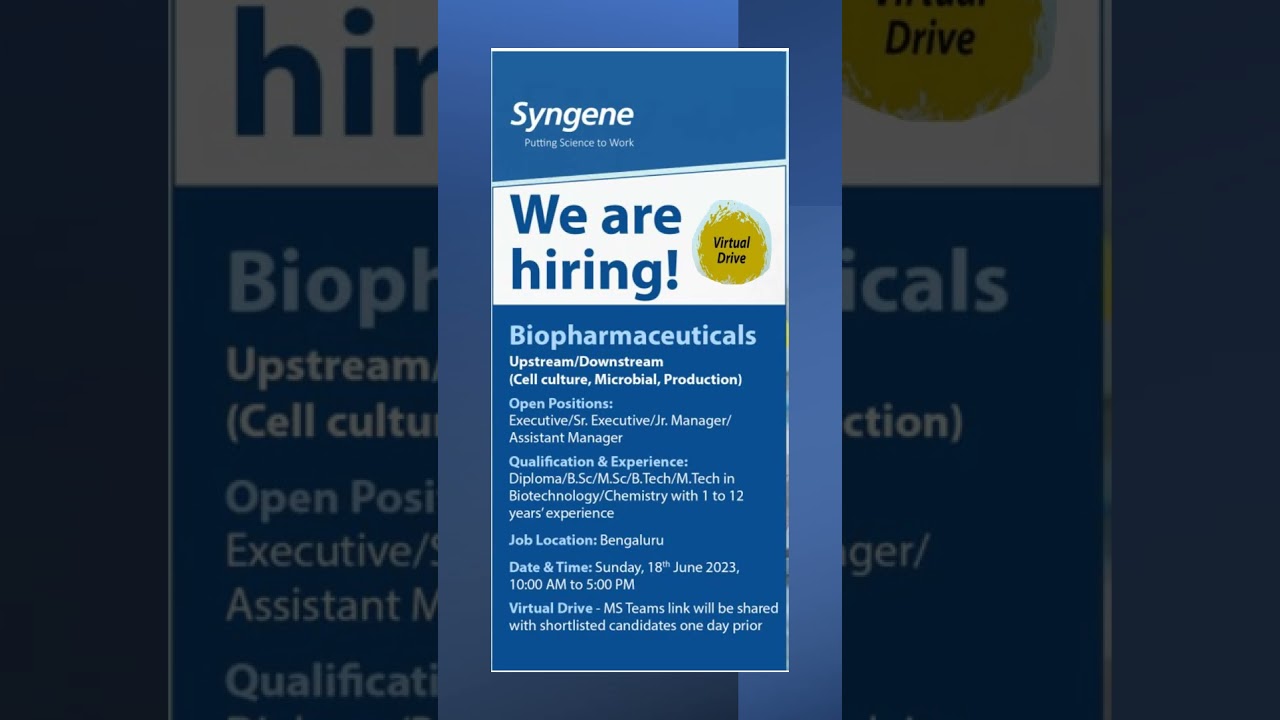 SYNGENE IS HIRING IN BIOPHARMACEUTICALS