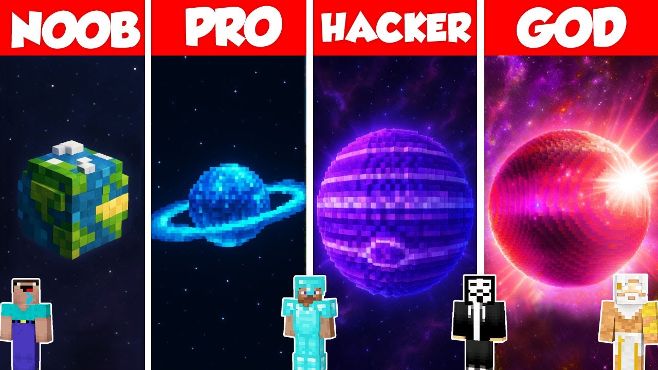 Planet Build Battle Challenge - Noob vs Pro vs Hacker vs God - Minecraft Animation