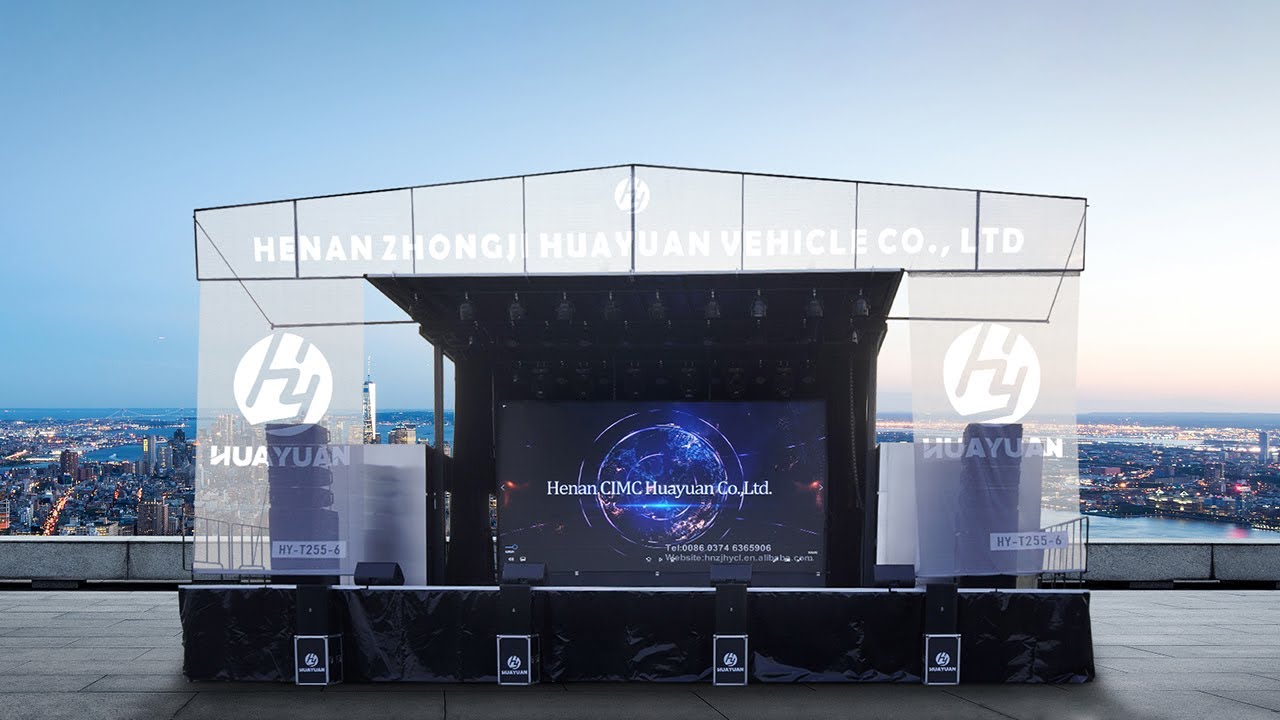 Mobile stage trucks HUAYUAN T255-6 with LED screen lights and sound for outdoor concerts