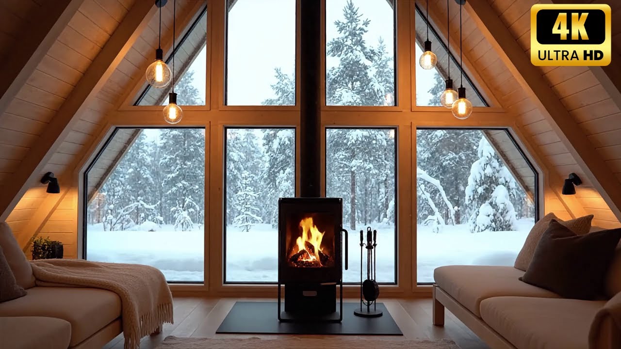 Cozy Cabin Fireplace & Snowfall ❄️🔥 | Relaxing Jazz Music for Stress Relief,  Calm & Relaxation
