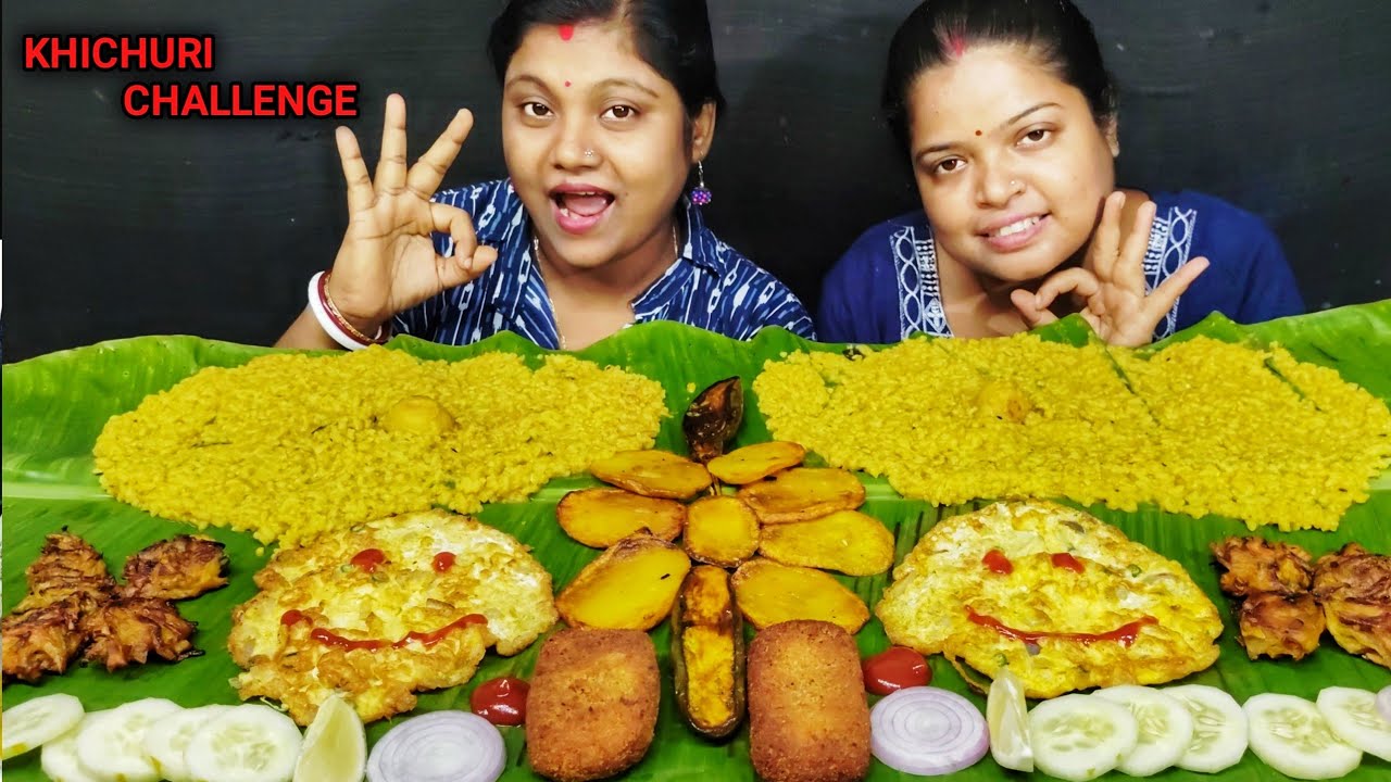 SPICY DAL KHICHURI FISH CUTLET EGG OMELETTE POTATO FRY PAKORA EATING CHALLENGE // food family & more