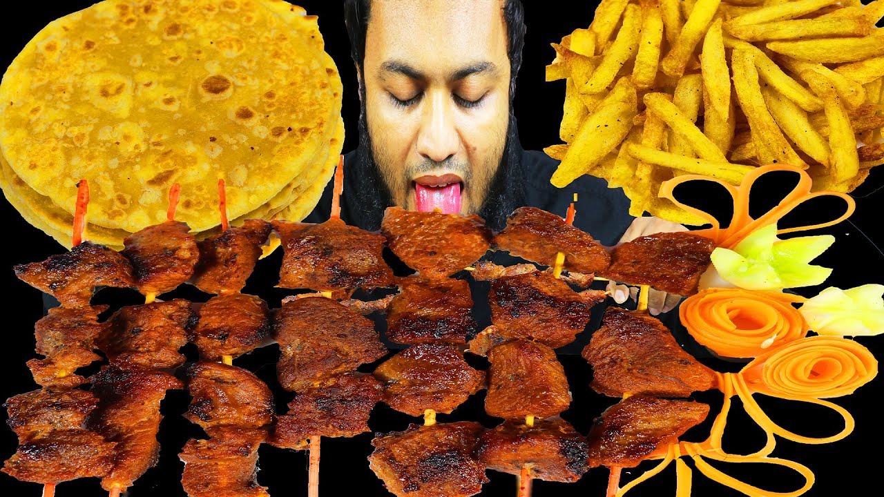 ASMR MUKBANG Beef Tender Beef Kabobs (Shashlik) & Alu Parata French