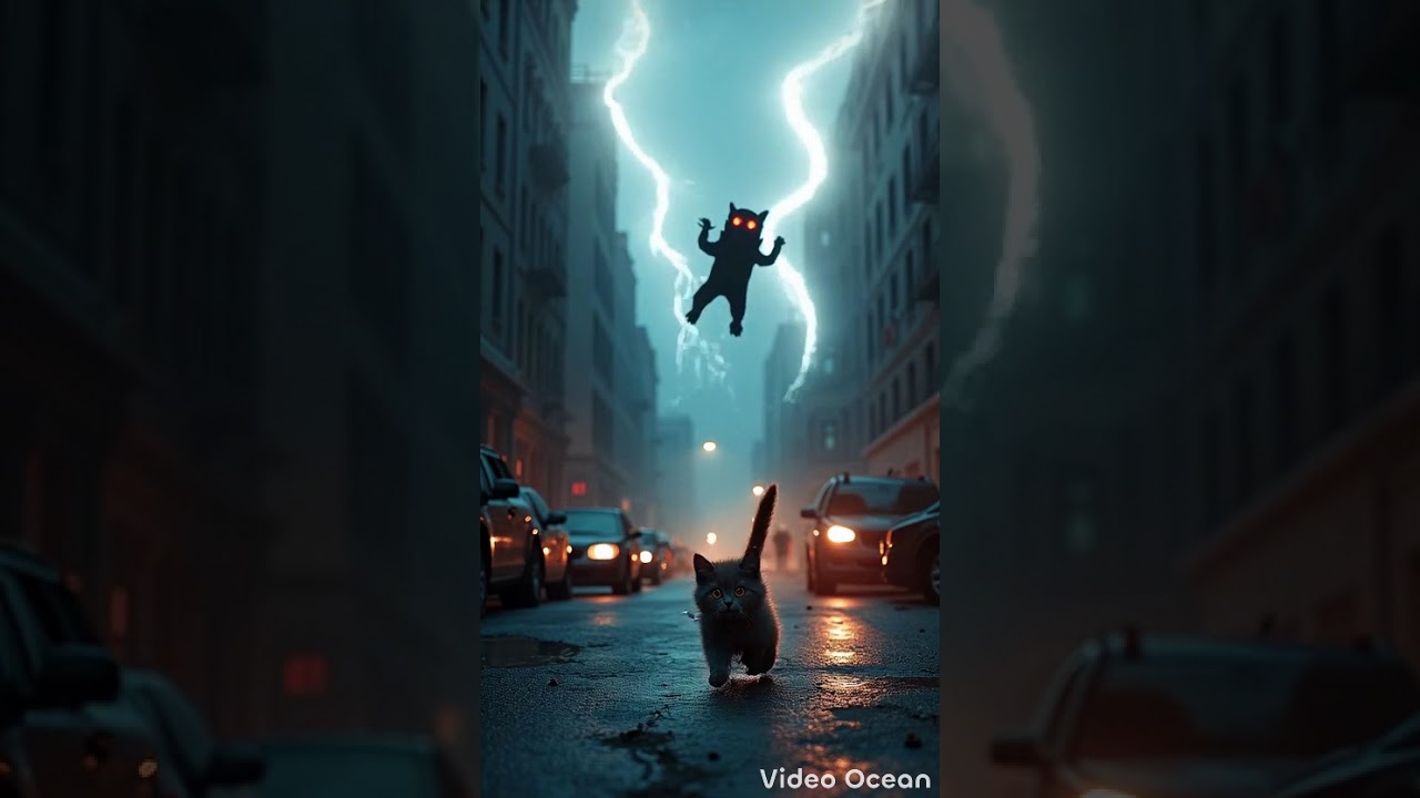 A small, fluffy gray kitten runs through a dimly lit, abandoned city street at night 