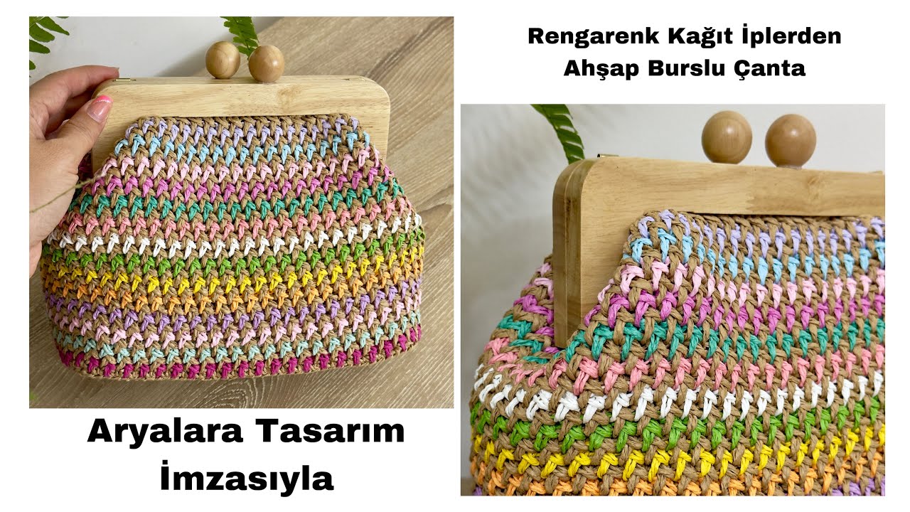 Aryalara Tasarım İmzalı Rengarenk Kağıt İplerden Ahşap Burslu Çanta Yapımı #crochetbag #kağıtipçanta