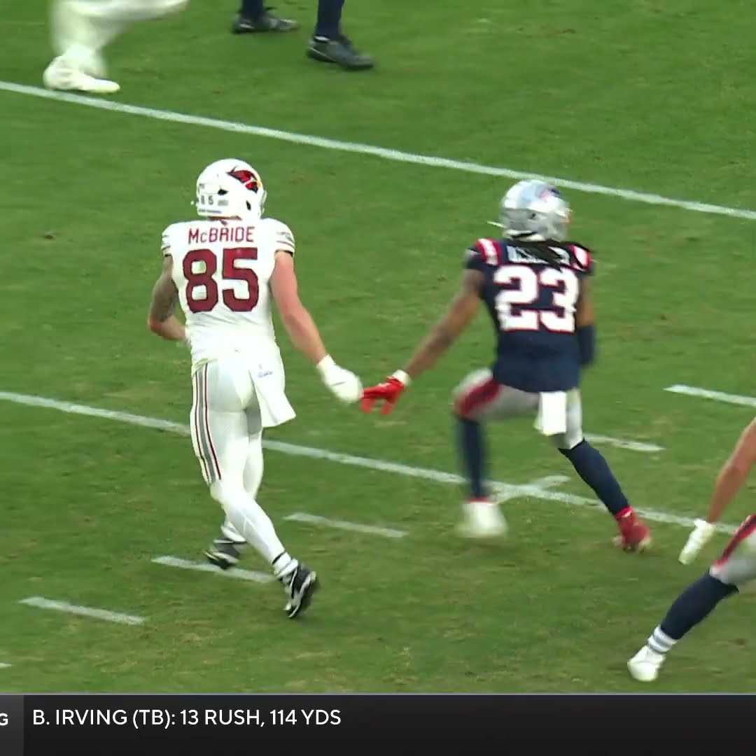 Trey McBride catches for a 26-yard Gain vs. New England Patriots