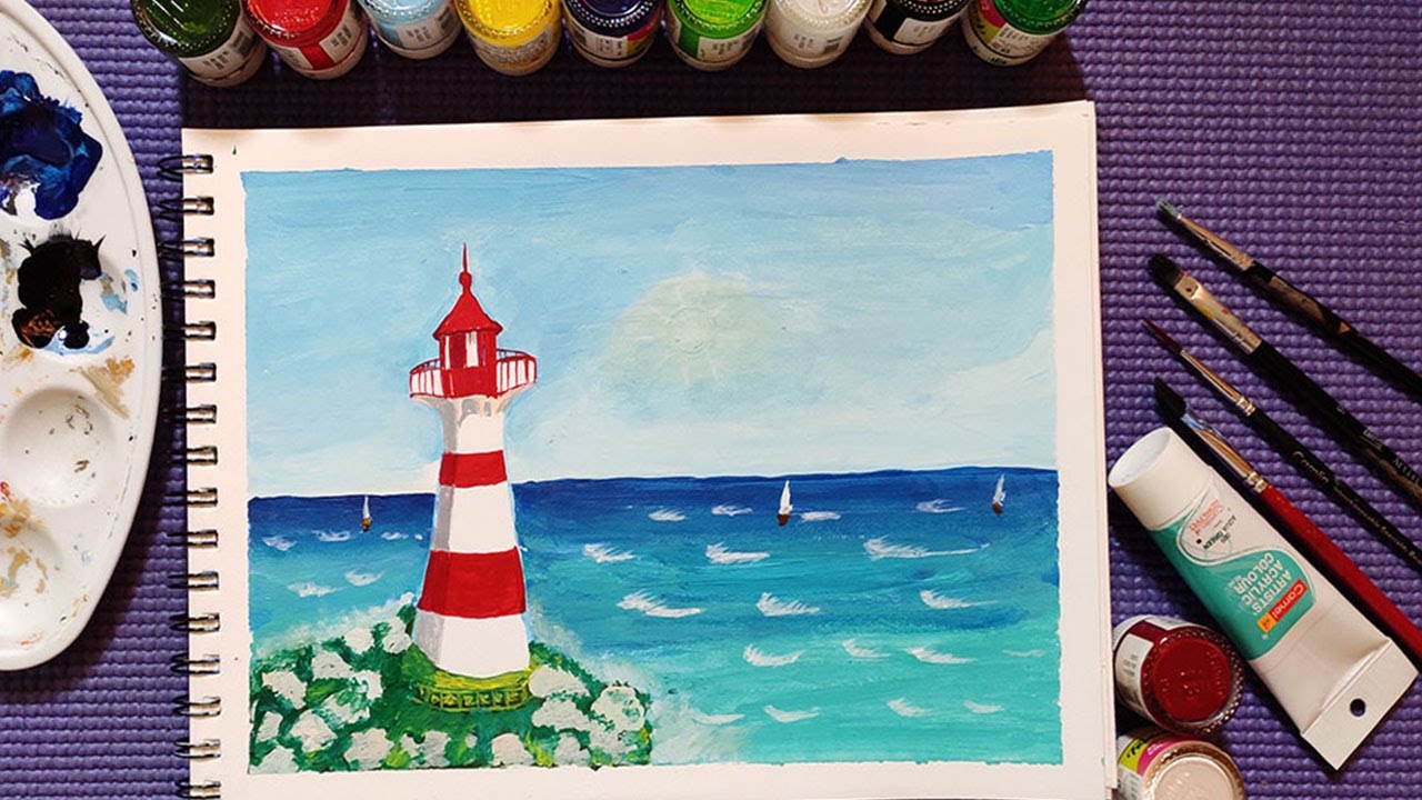 Light House Painting Tutorial | how to paint a simple Lighthouse | Step ...