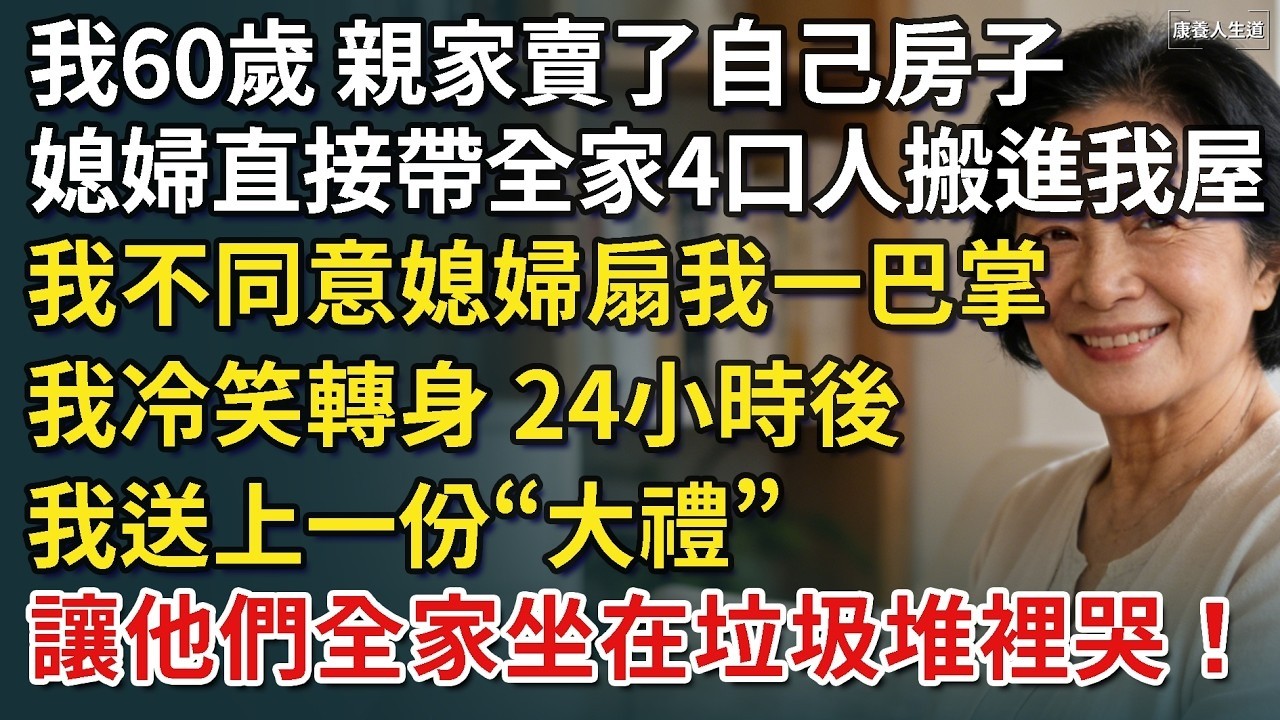 我60歲，親家賣了自己房子，媳婦直接帶全家4口人搬進我屋，我不同意，媳婦扇我一巴掌，我冷笑轉身，24小時後，我送上一份“大禮”，讓他們全家坐在垃圾堆裡哭！【康養人生道】 #康養人生道