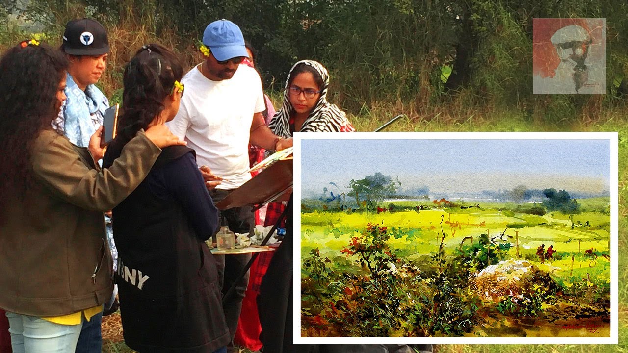 Plein Air Watercolor painting | Winter Landscape Mustard Field In Watercolor Demo by Shahanoor Mamun