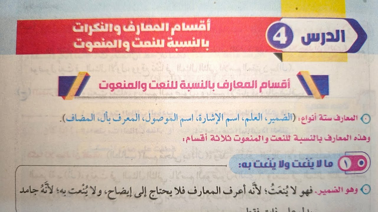 درس (أقسام المعارف والنكرات بالنسبة للنعت والمنعوت) للصف الثالث الإعدادي الأزهري الترم الثاني 2025