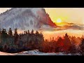 Watercolor painting of sunset mountain
