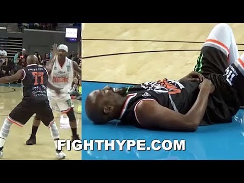 MAYWEATHER CROSSED UP BY ANKLE BREAKER BONE COLLECTOR IN CELEBRITY BASKETBALL GAME (BEST ANGLE)