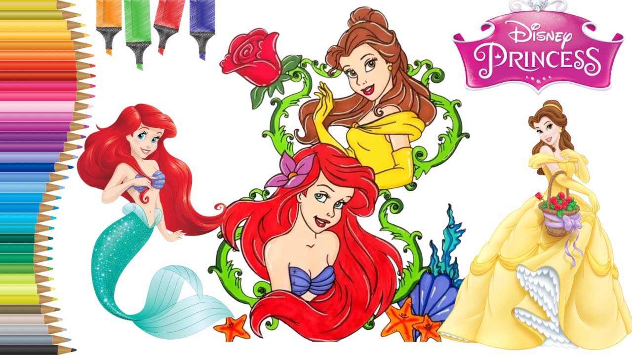 Coloring Beauty and the Beast Belle&Little Mermaid Ariel| Disney Princess Coloring Pages| Fairytales