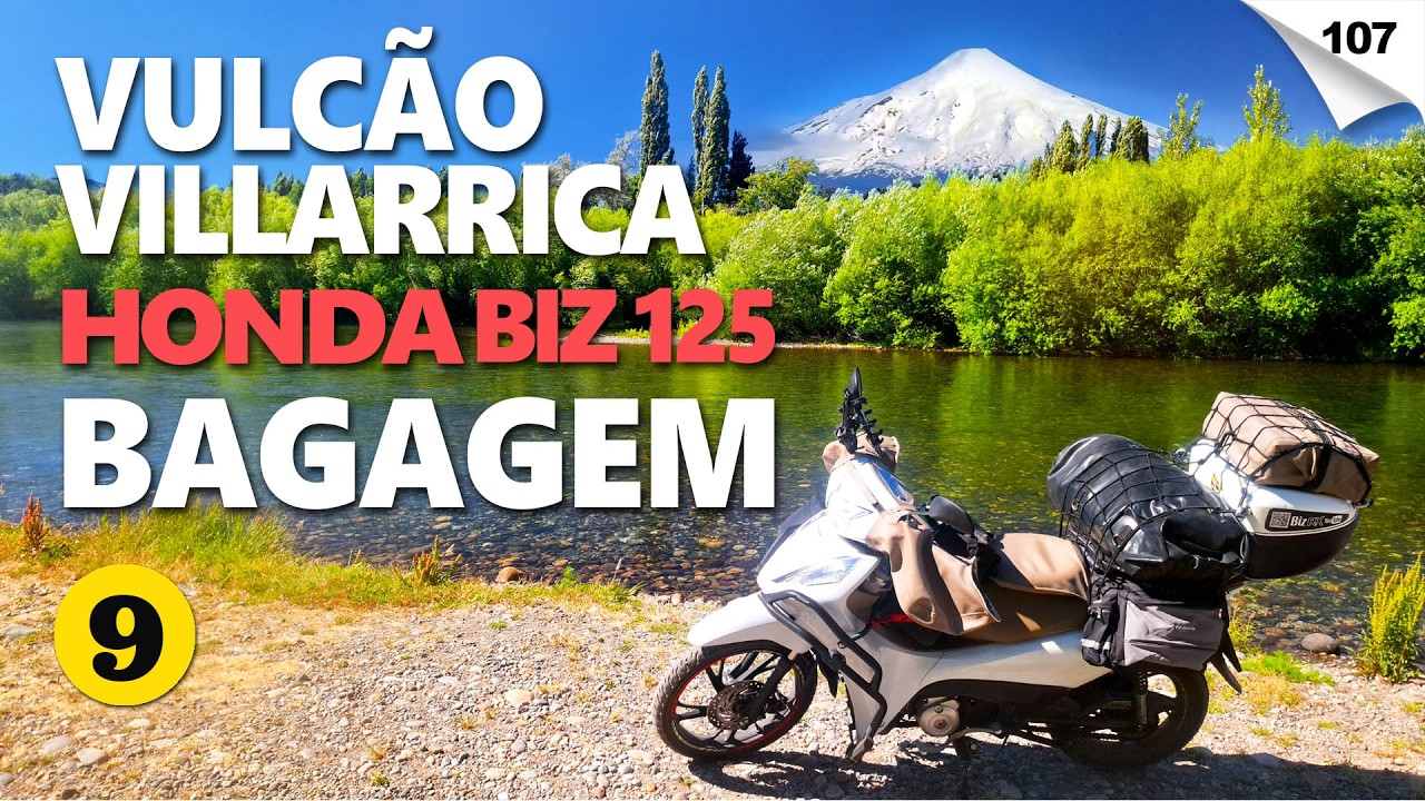 Moto pequena, aventura gigante. Bagagem completa, rumo ao Vulcão Villarrica no Chile.