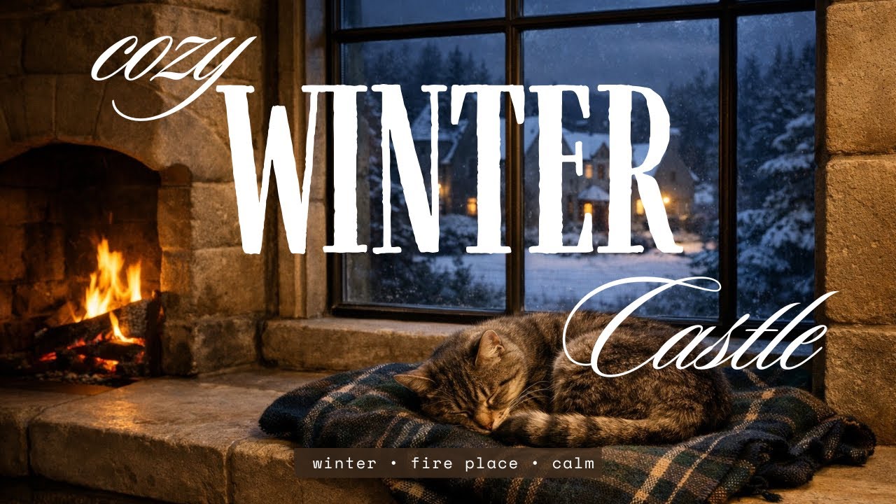 Cozy Winter Castle Window with sleeping cat | 1 Hour Fireplace Sounds Only