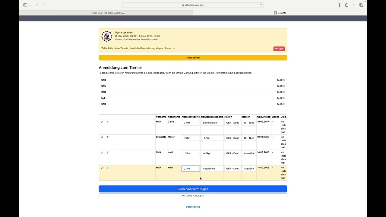 Meldung zum Turnier (Beispiel Tiger-Cup)