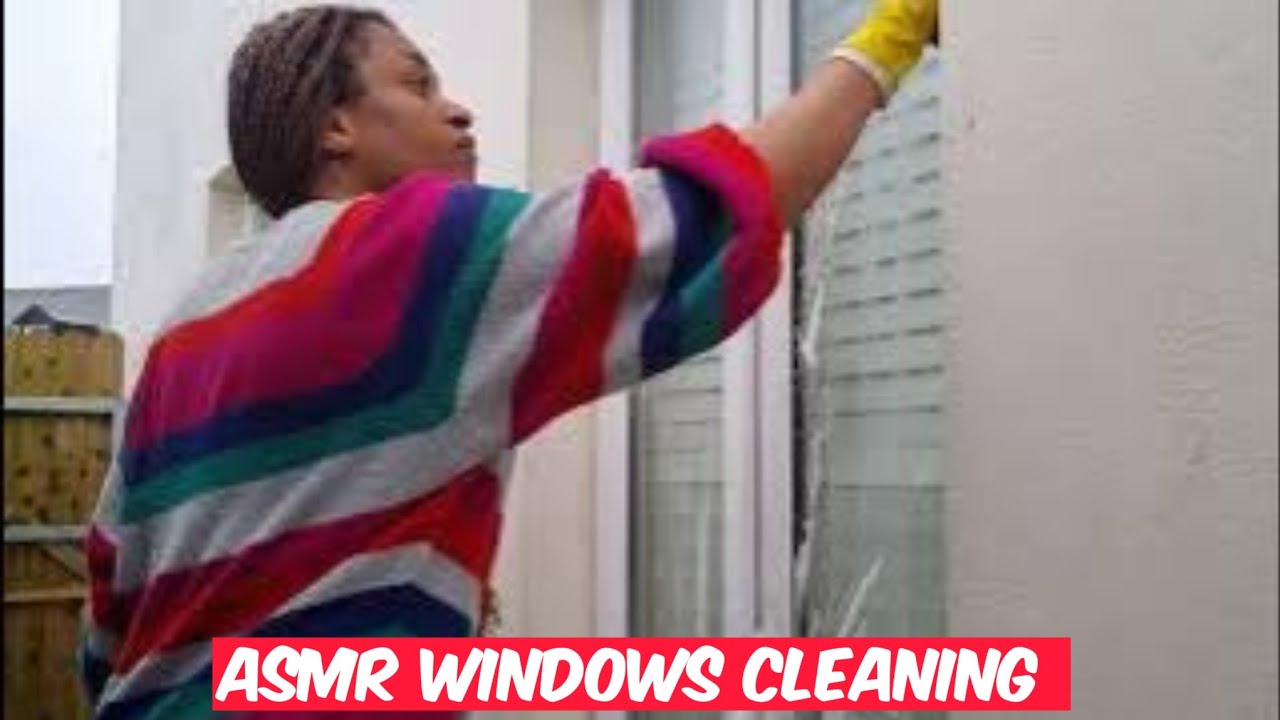 ASMR household cleaning windows, gentle scrubbing, spray No Talking