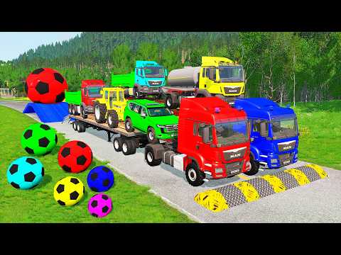 Flatbed Trailer McQueen Transportation with Truck - Speedbumps vs Cars vs Train - BeamNG.Drive #96