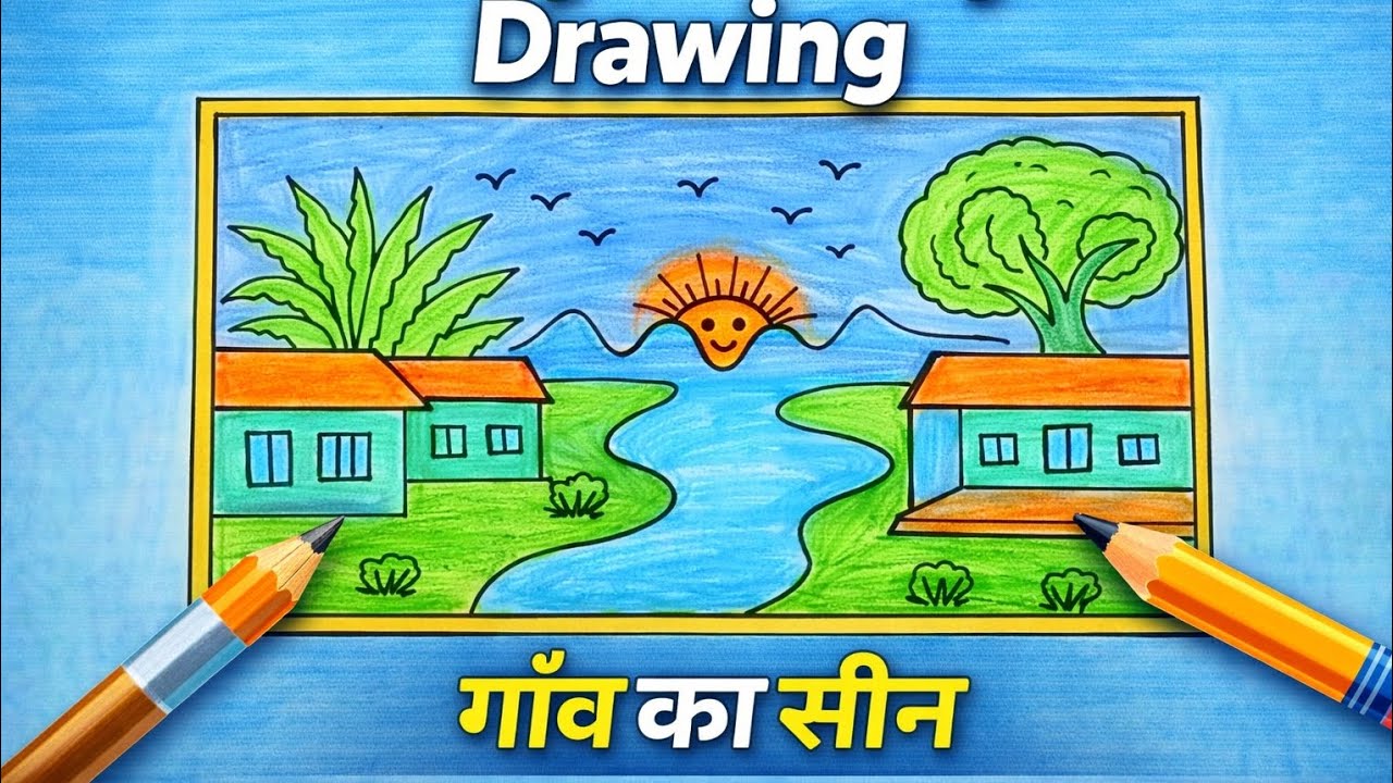 Easy Village Scenery Drawing for Beginners | Simple Landscape Drawing Step by Step