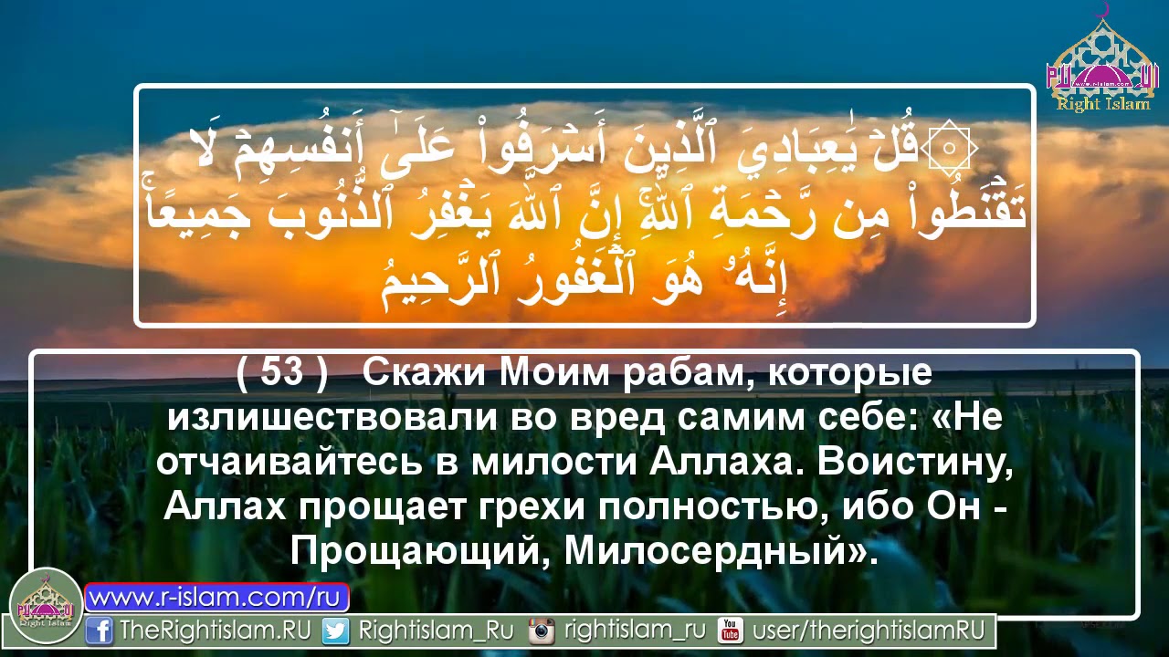 Аллах простит грехи. Прощает грехи полностью. Прощает грехи полностью. Всевышний прощает все грехи. Скажи моим рабам которые излишествовали во вред самим себе.