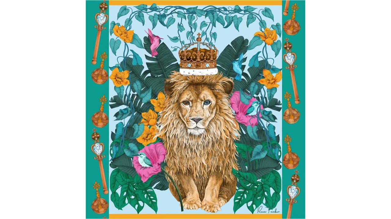 Silk Ribbon Scarf The Mysterious Lion King Gold - Teal