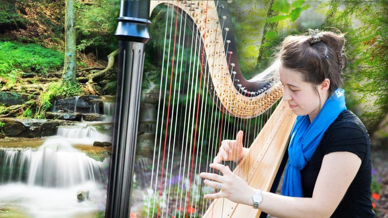 Musique douce harpe nature et relaxante, musique zen, ruisseau, chants d'oiseaux, relaxation