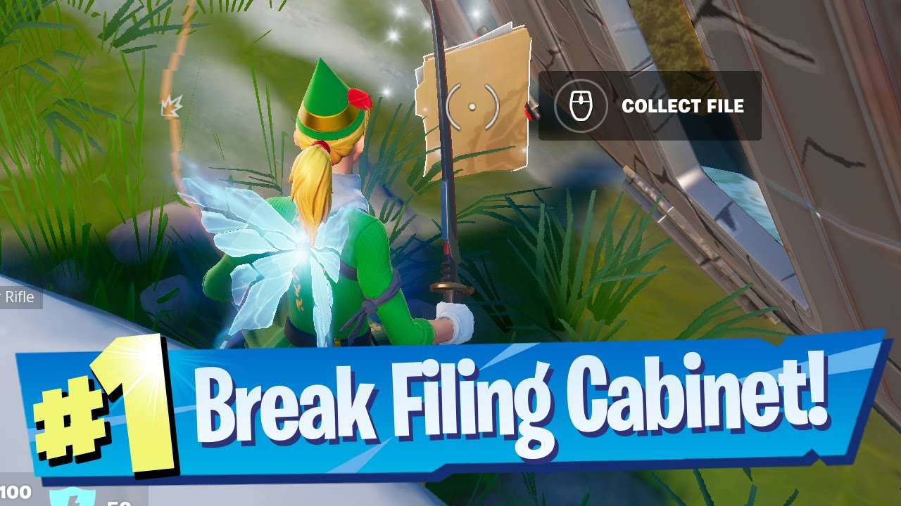 Destroy a white filing cabinet and collect the files Location -