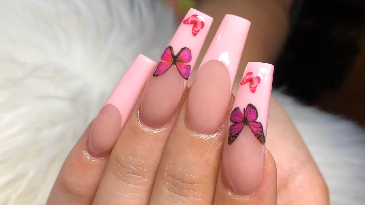 Pink French Tip W/ Butterflies | All Acrylic | Acrylic Nails Tutorial -  Youtube