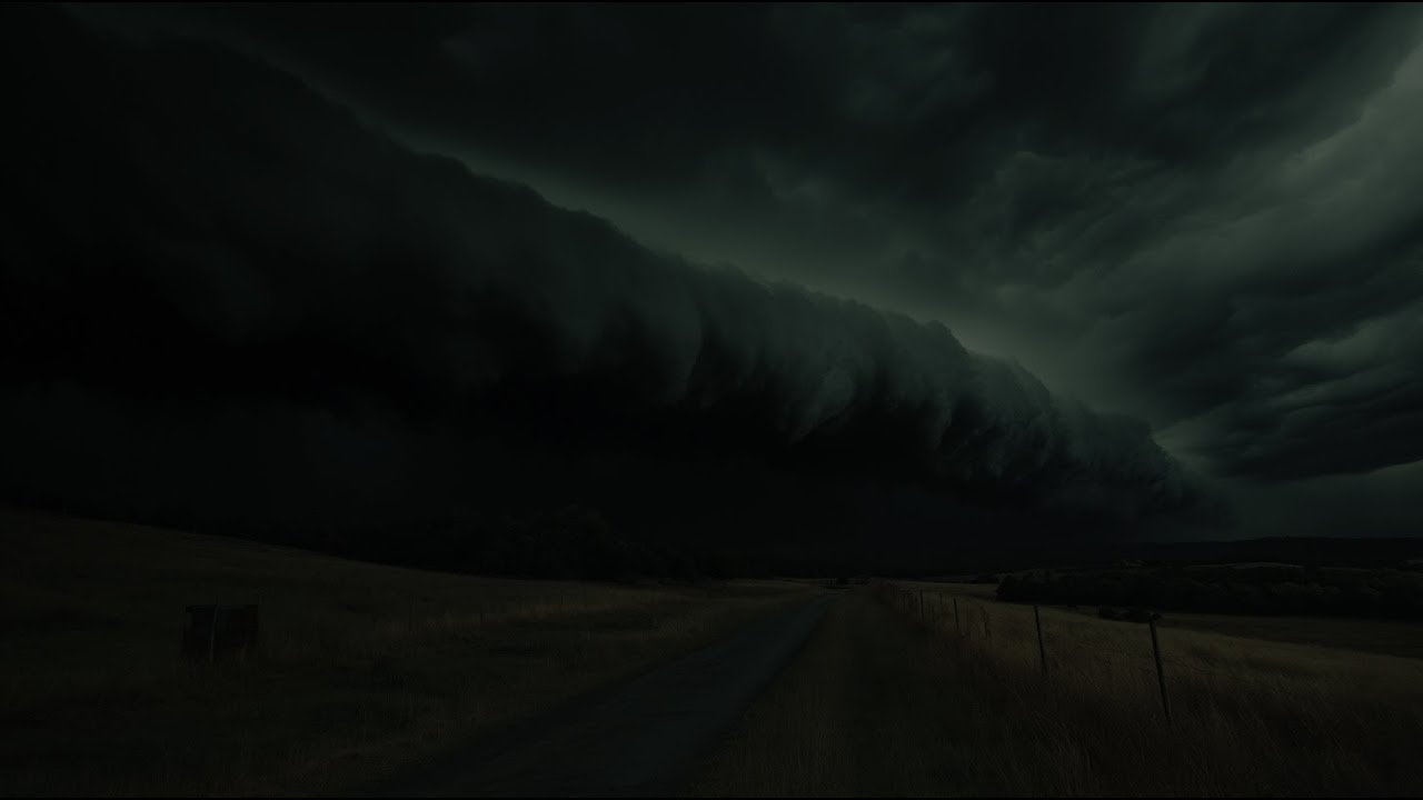 Giant Rolling Cloud Over A Vast Grass Field In Valley | Relaxing Sound Of Thunder Roaring At Night