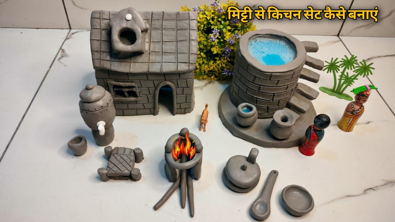 DIY How to Make Polymer Clay Miniature House, Kitchen set, Water well ...