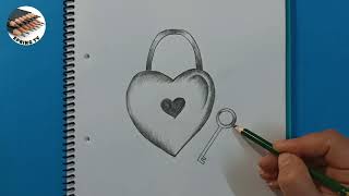 رسم سهل/رسم قلب مع مفتاح بقلم الرصاص/easy pencil drawing of heart/kolay karakalem kalp