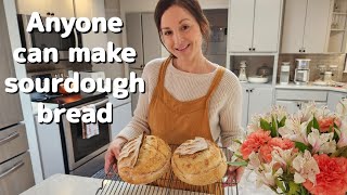 Easy Sourdough Bread recipe: anyone can make, no skills required, very little hands on time.