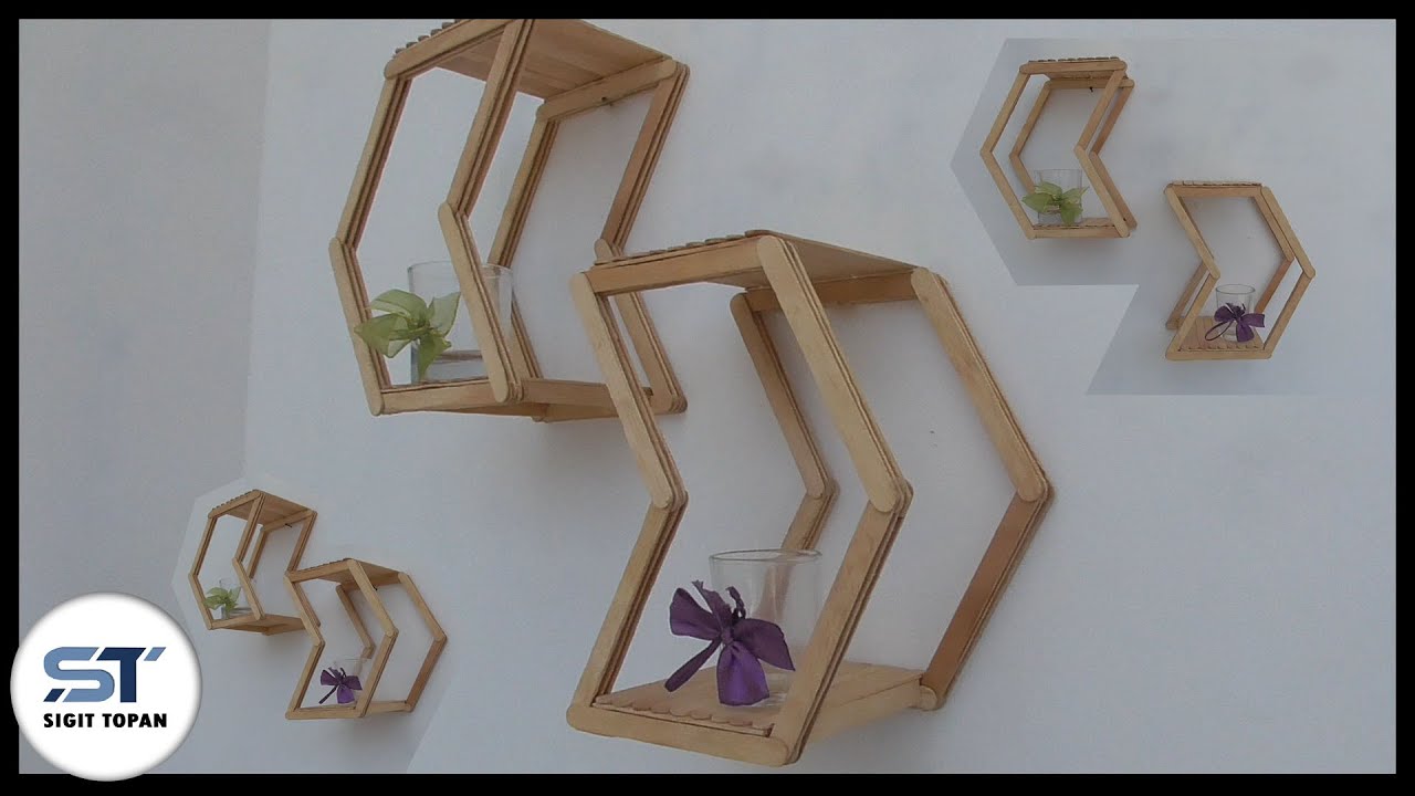 CARA MEMBUAT RAK DINDING DARI STIK ES KRIM // HASIL CANTIK/wall decoration from ice cream sticks