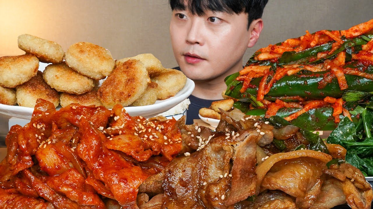 매콤 제육볶음 간장제육 고추소박이 꼬마돈까스 시금치나물 요리 먹방 KOREAN HOME FOOD ASMR MUKBANG REAL SOUND EATING SHOW